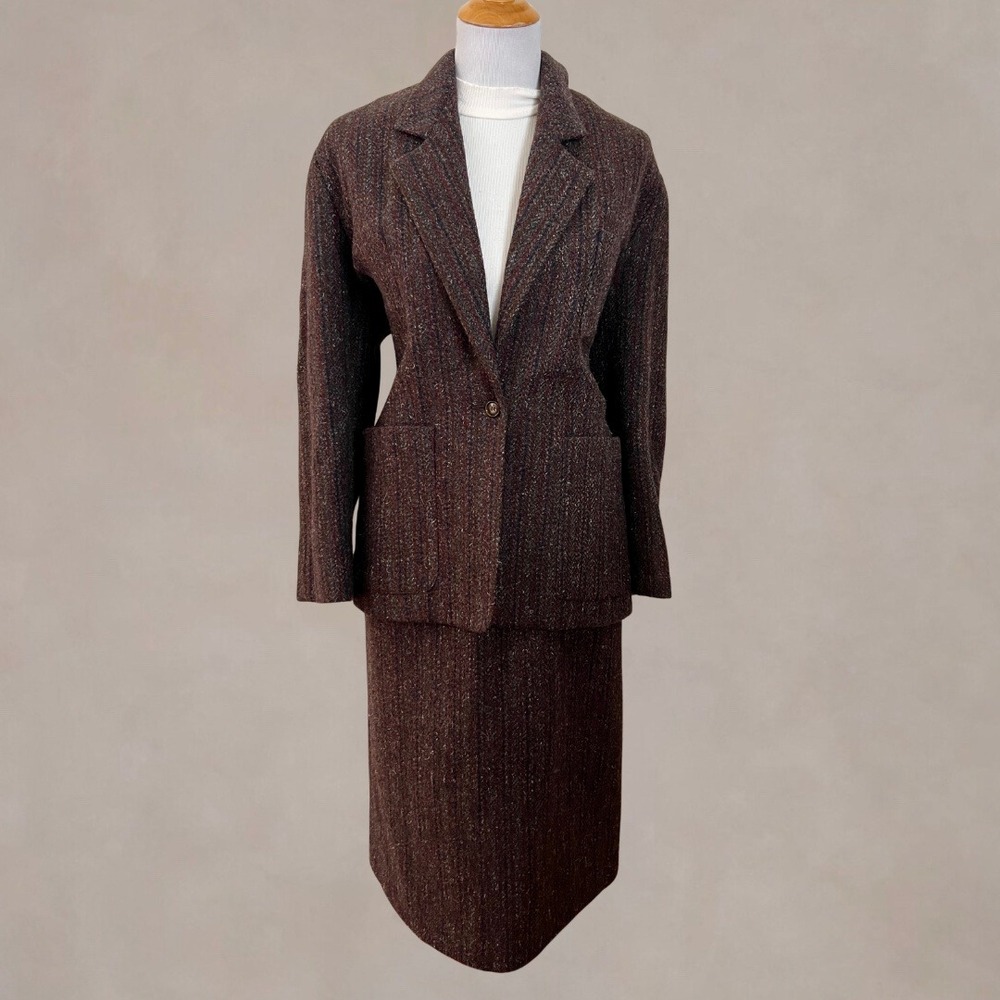Vintage 90s Morgan Taylor Brown Wool Tweed Skirt Suit Set Blazer 8 Made in USA